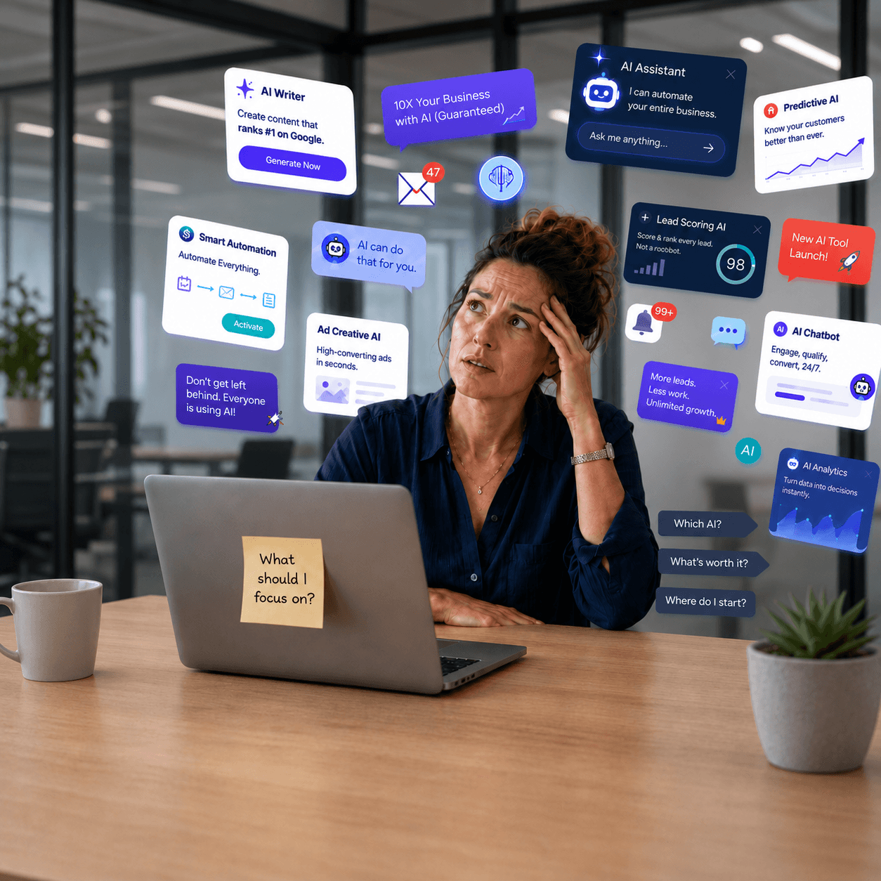 Business owner reviewing automation and workflow cards on a laptop